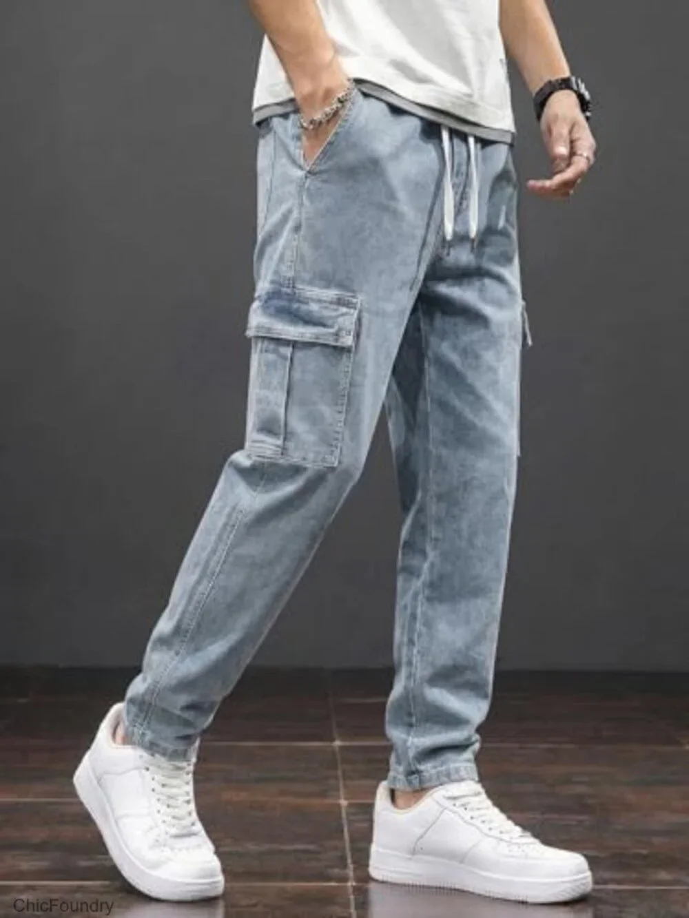 Men's Elastic Waist Cargo Jeans Stretch Denim Pants Drawstring Relaxed Fit